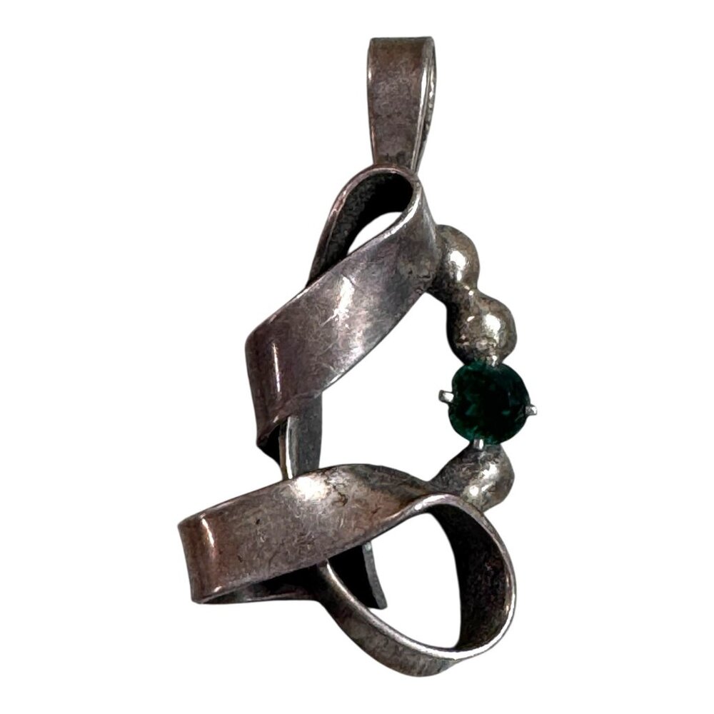 Vintage Abstract Art Sterling Silver Pendant Green Gemstone Twisted Ribbon 2"